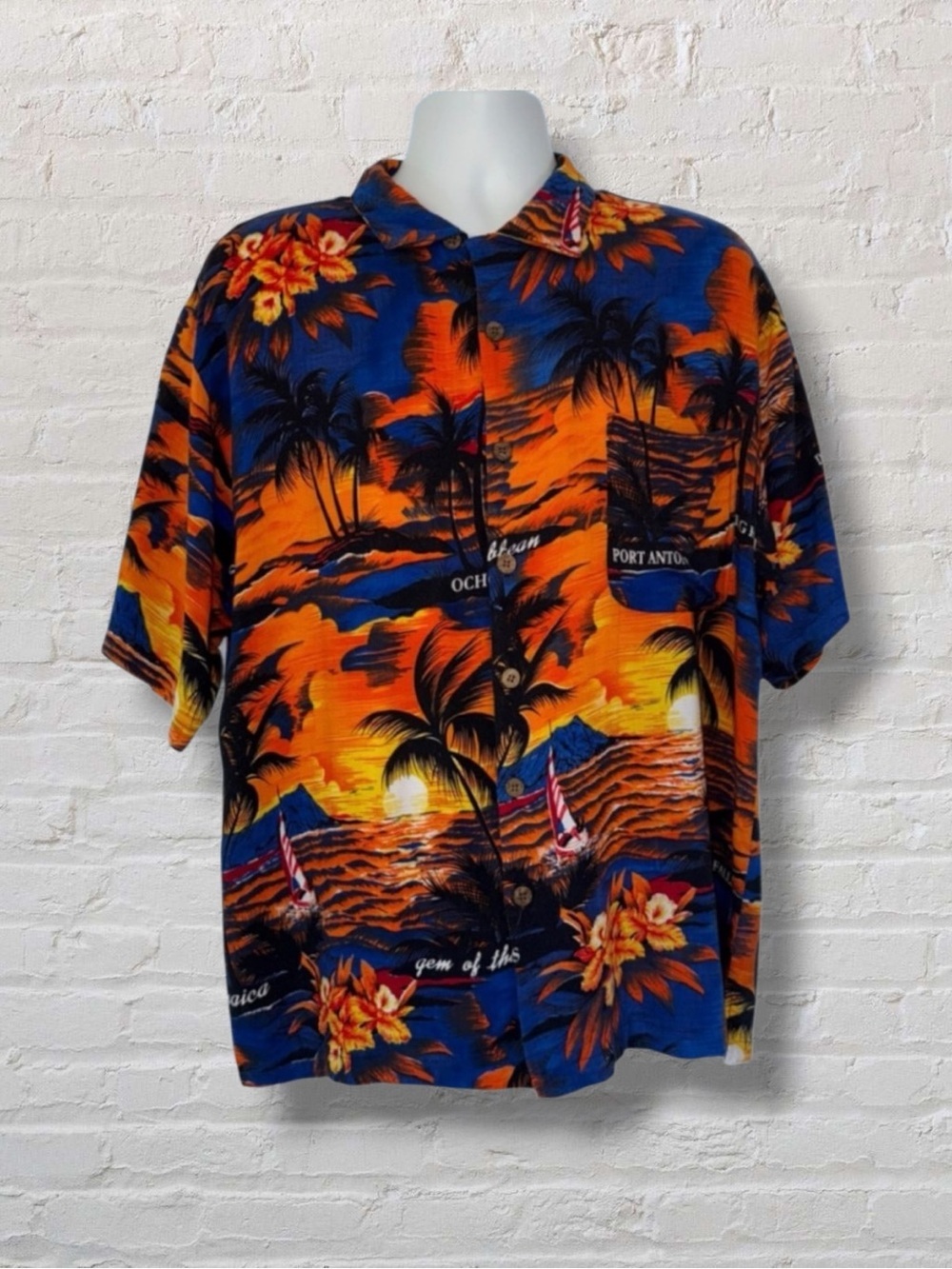 Tommy Bahama XL Hawaiian Shirt Jamaica Sunset Scenic Palm Tree Surf Aloha Camp